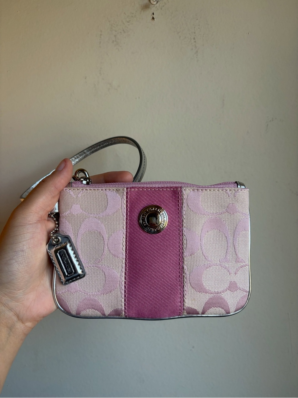 Vintage 2000s Y2K Pink Coach Signature Stripe Mini Skinny Wristlet